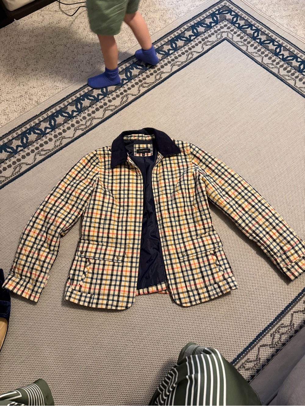 Talbots Yellow Multi-Color Plaid Quilted Jacket with Navy Collar